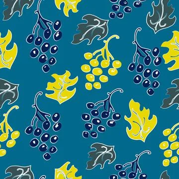 Seamless pattern floral with grapes on a blue background.Vector illustration Stock Illustration