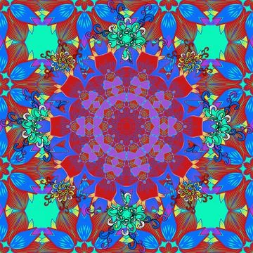 Seamless pattern with floral ornament. Vector illustration. Flowers on blue, gre Illustrazione stock