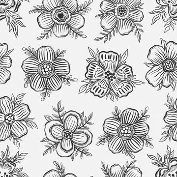 Seamless pattern floral outline hand draw.Botanical plant flower design. Stock Illustration