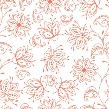 Seamless pattern. Floral red outline on white isolated background vector illu Stock Illustration