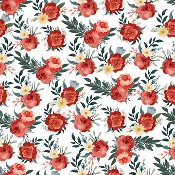 Seamless pattern floral with red roses, daisies and greenery, elegant botan.. Stock Illustration