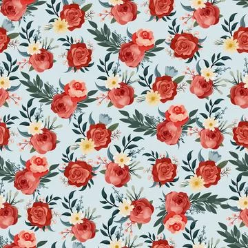 Seamless pattern floral with red roses, daisies and greenery, elegant botan.. Stock Illustration