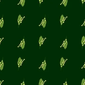 Seamless pattern with floral spring lily of the valley elements on dark green Stock Illustration