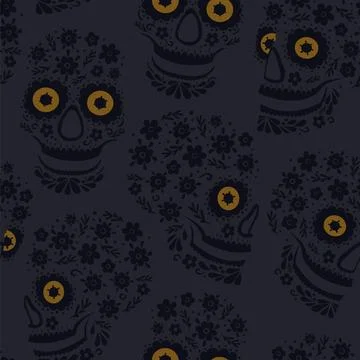 Seamless pattern with floral sugar skulls and flowers. The Day of the Dead... Stock Illustration