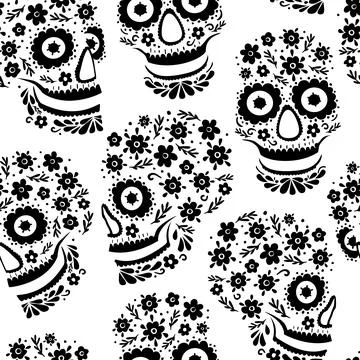 Seamless pattern with floral sugar skulls and flowers. The Day of the Dead... Stock Illustration
