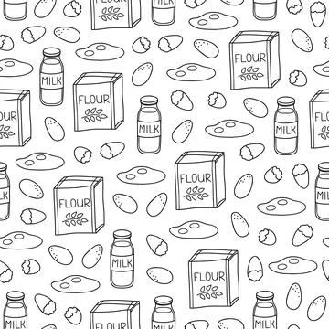 Seamless pattern with flour, eggs and milk. Stock Illustration