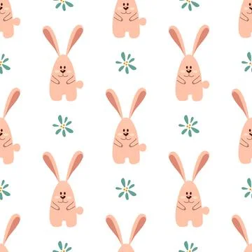 Seamless pattern with flower and bunny in abstract style. Vector illustration. Stock Illustration