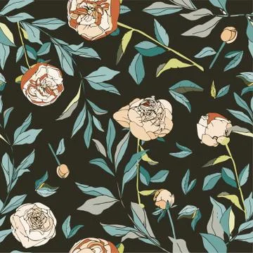 Seamless pattern with flower and leaves of peonies. Tropical flowers vector i Stock Illustration