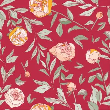 Seamless pattern with flower and leaves of peonies. Tropical flowers vector i Stock Illustration