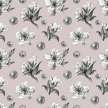 Seamless pattern with flower and pearl. Pencil drawing illustration. Stock Illustration
