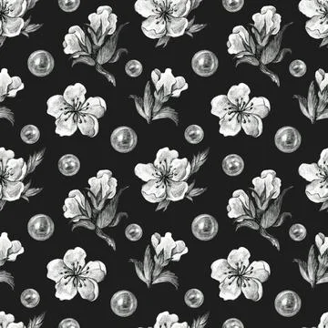 Seamless pattern with flower and pearl. Pencil drawing illustration. Stock Illustration