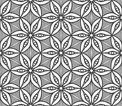 Seamless pattern flower background black grid tile Stock Illustration