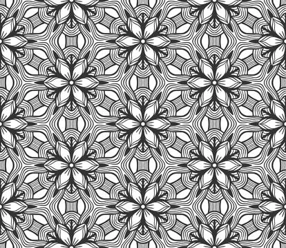 Seamless pattern flower background black grid tile Stock Illustration