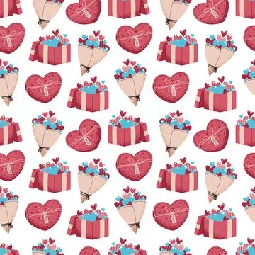 Seamless Pattern With Flower Bouquet, Gift Box And Hearts In Flat Style. Clas 스톡 일러스트