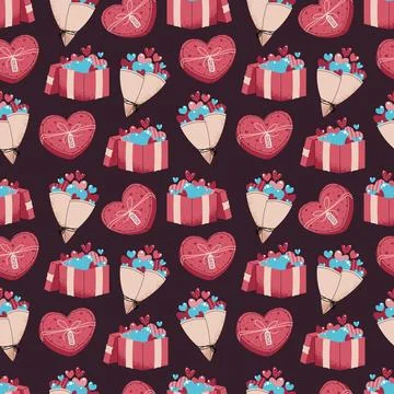 Seamless Pattern With Flower Bouquet, Gift Box And Hearts In Flat Style. Cl.. Stock Illustration