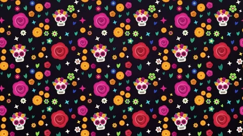 Seamless pattern of flower crown sugar skulls and roses rising on black Vídeo Stock 348259201