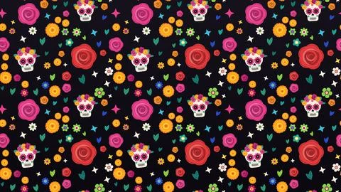 Seamless pattern of flower crown sugar skulls and roses rising on black, Da.. Stock Illustration