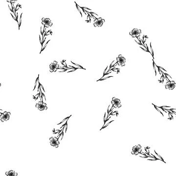Seamless pattern flower flax sketch hand drawn Stock Illustration