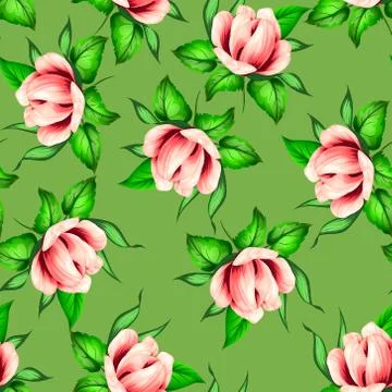 Seamless pattern flower with green leaf design green background Stock Illustration