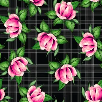 Seamless pattern flower with green leaf design plaid Stock Illustration
