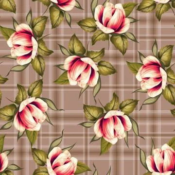 Seamless pattern flower with green leaf design plaid brown Stock Illustration
