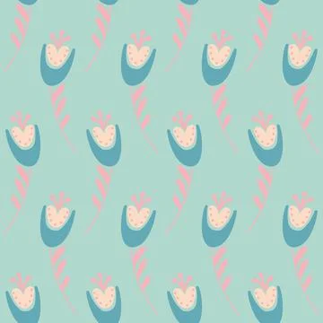 Seamless pattern flower hand drawn cute flower campanula bluebell green mint  Stock Illustration