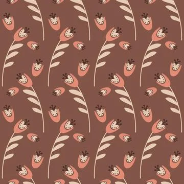 Seamless pattern flower hand drawn cute flower campanula bluebell brown beige Stock Illustration