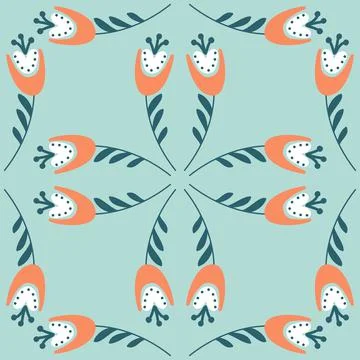 Seamless pattern flower hand drawn cute flower campanula bluebell green mint  Stock Illustration