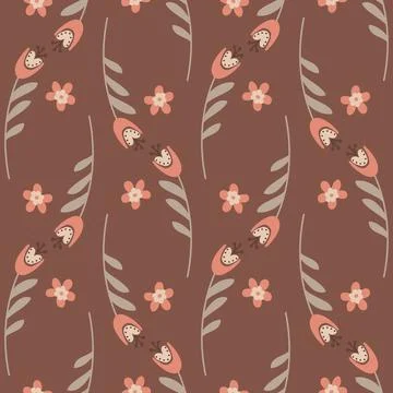 Seamless pattern flower hand drawn cute flower campanula bluebell brown beige Stock Illustration
