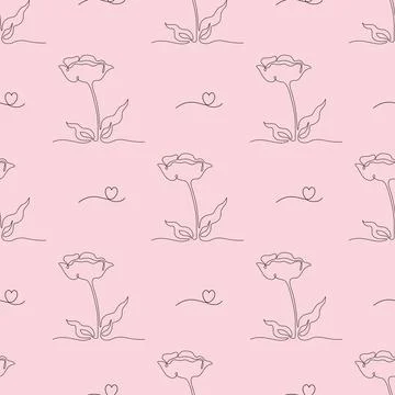 Seamless Pattern Flower with Leaves and Heart on Pink Background. One Conti.. Stock Illustration