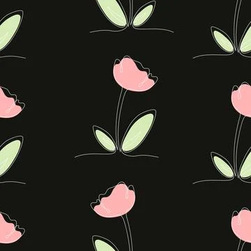 Seamless Pattern Flower with Leaves on Black Background. One Continuous Lin.. Stock Illustration