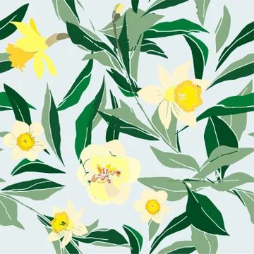 Seamless pattern with flower of narcissus and leaves. Tropical flowers vector Stock Illustration