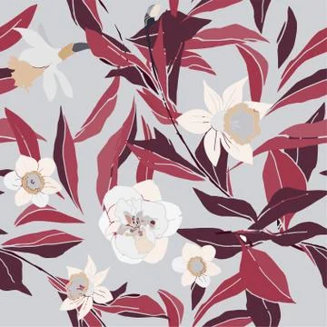 Seamless pattern with flower of narcissus and leaves. Tropical flowers vector Stock Illustration