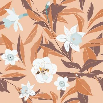 Seamless pattern with flower of narcissus and leaves. Tropical flowers vector Stock Illustration