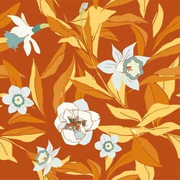 Seamless pattern with flower of narcissus and leaves. Tropical flowers vector Stock Illustration