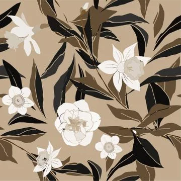 Seamless pattern with flower of narcissus and leaves. Tropical flowers vector Stock Illustration