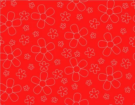 Seamless pattern with flower outline vector, White line on red background, Vi イラスト素材