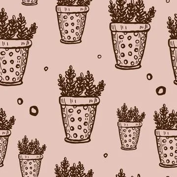 Seamless pattern with Flower in a Pot. Simple Doodle illustration. 스톡 일러스트