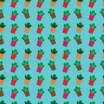 Seamless pattern of flower pots with succulent and cacti in scandinavian colo Stock Illustration