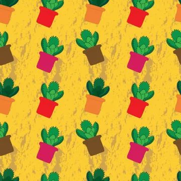 Seamless pattern of flower pots with succulent and cacti in rusty yellow color Stock Illustration