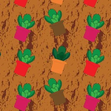 Seamless pattern of flower pots with succulent and cacti in rusty brown color Stock Illustration