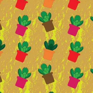 Seamless pattern of flower pots with succulent and cacti in rusty yellow color Stock Illustration