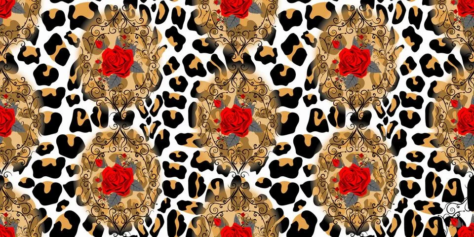 Seamless pattern with flower of roses on leopard skin background eps10 Stock Illustration