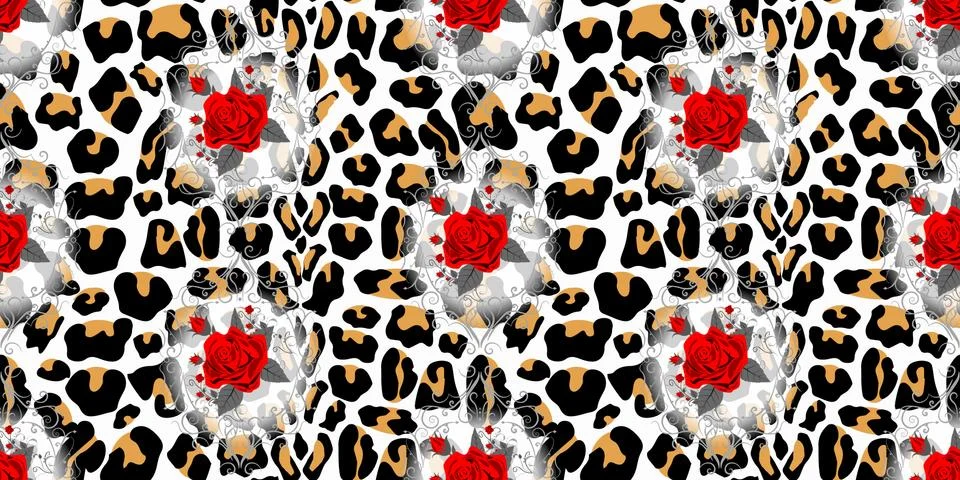 Seamless pattern with flower of roses on leopard skin background eps10 Stock Illustration