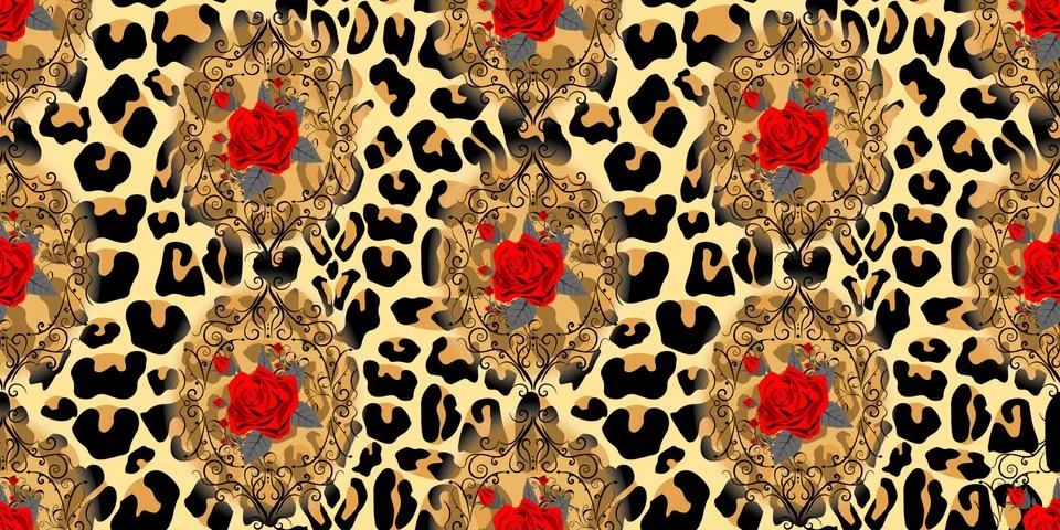 Seamless pattern with flower of roses on leopard skin background eps10 Stock Illustration