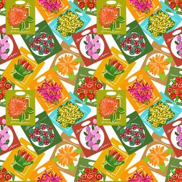 Seamless pattern. Flower seeds in a package. Spring background for planting Stock Illustration