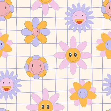 Seamless pattern with flower smile Pop Color Style Flat Design 70s. Cool trendy Stock Illustration