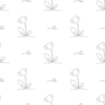 Seamless Pattern Flower Tulip with Leaves and Heart on White Background. On.. Stock Illustration
