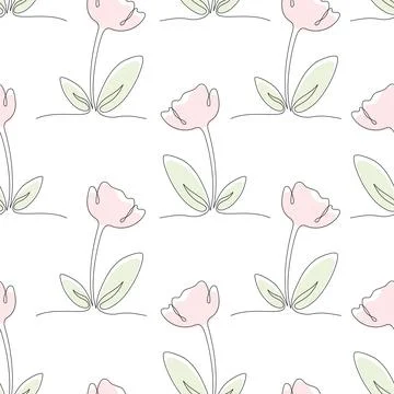 Seamless Pattern Flower Tulip with Leaves on White Background. One Continuo.. Stock Illustration