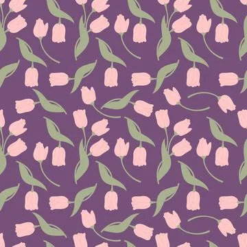 Seamless Pattern with flower Tulips on purple Background. Botanical Spring .. Stock Illustration